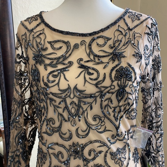 Size 8 nude with a slate colored design cocktail dress by Pissaro Nights NWT - Picture 2 of 8